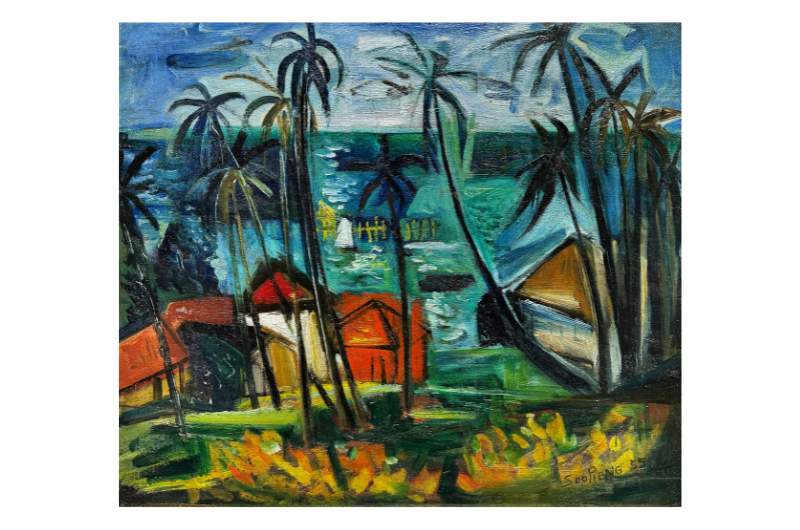 CHEONG SOO Pieng, Kampong by the Sea, 1955, Oil on canvas, 44 x 51 cm. Image credit artcommune gallery