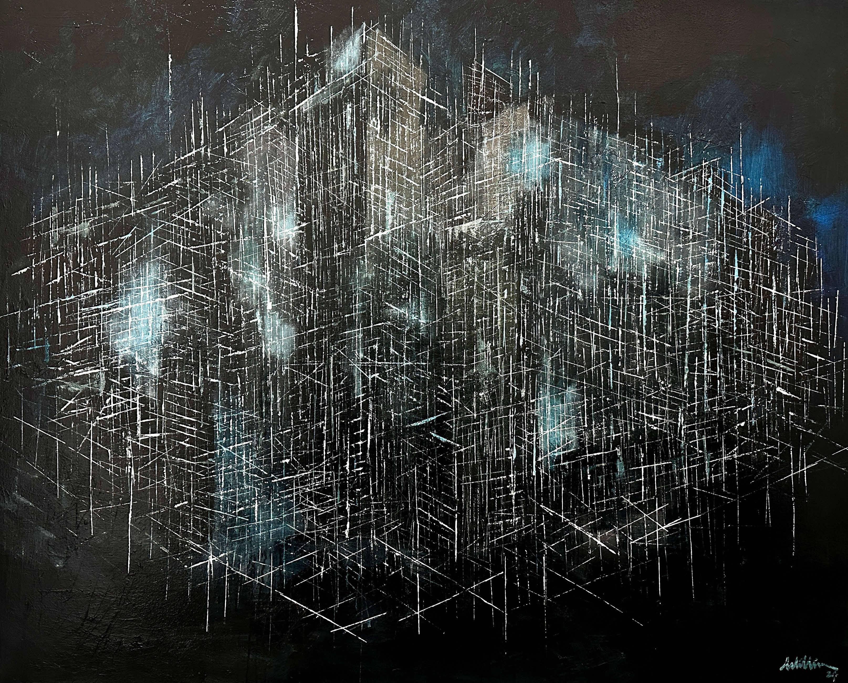 Painting of oil on linen, with white and light blue strokes emulating a futuristic city against a dark background