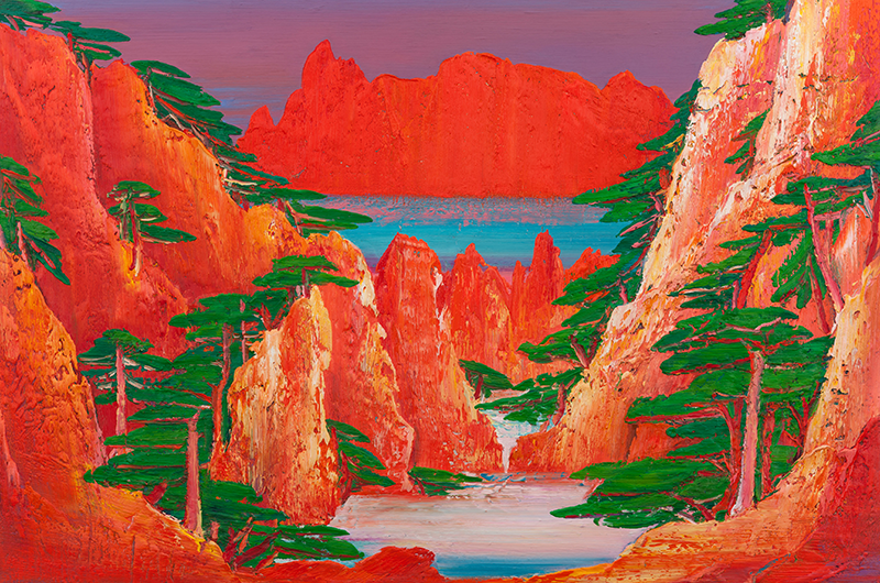 Painting of mountains and trees