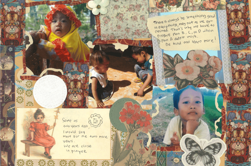 Collage of childhood photos and handwritten notes