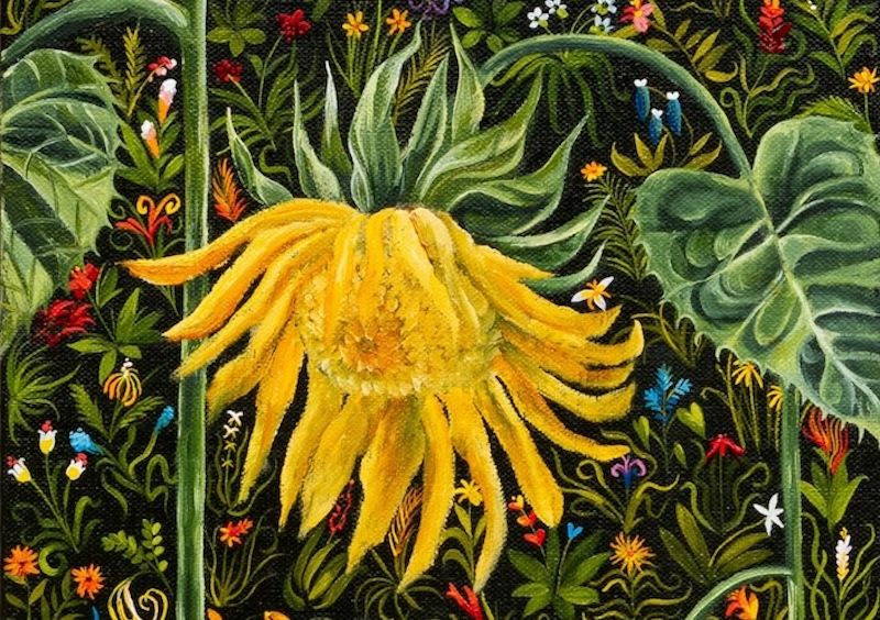 Srijon Chowdhury, 'Two Sunflowers', 2025, Oil on linen, 101.6 x 22.9 cm. Detail. Courtesy the artist and Ames Yavuz.
