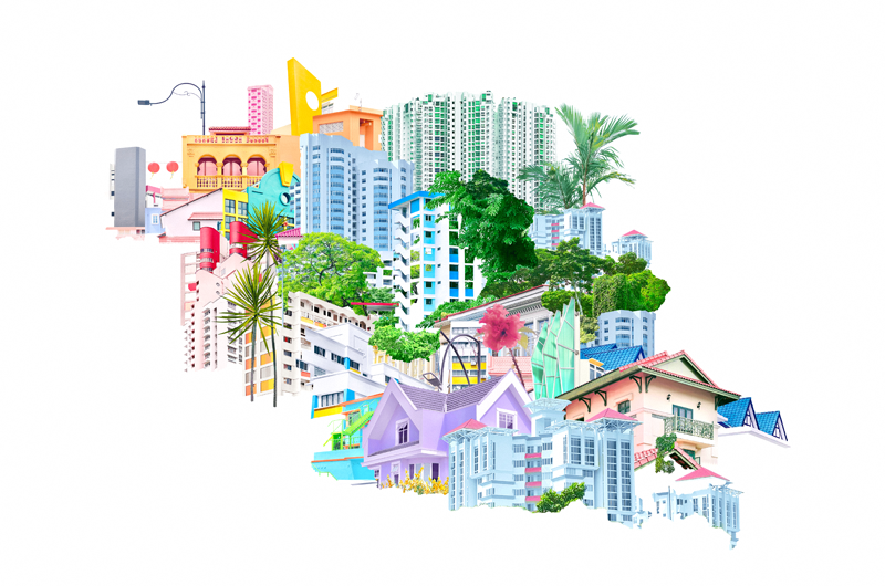 Colourful buildings patched together as a cityscape