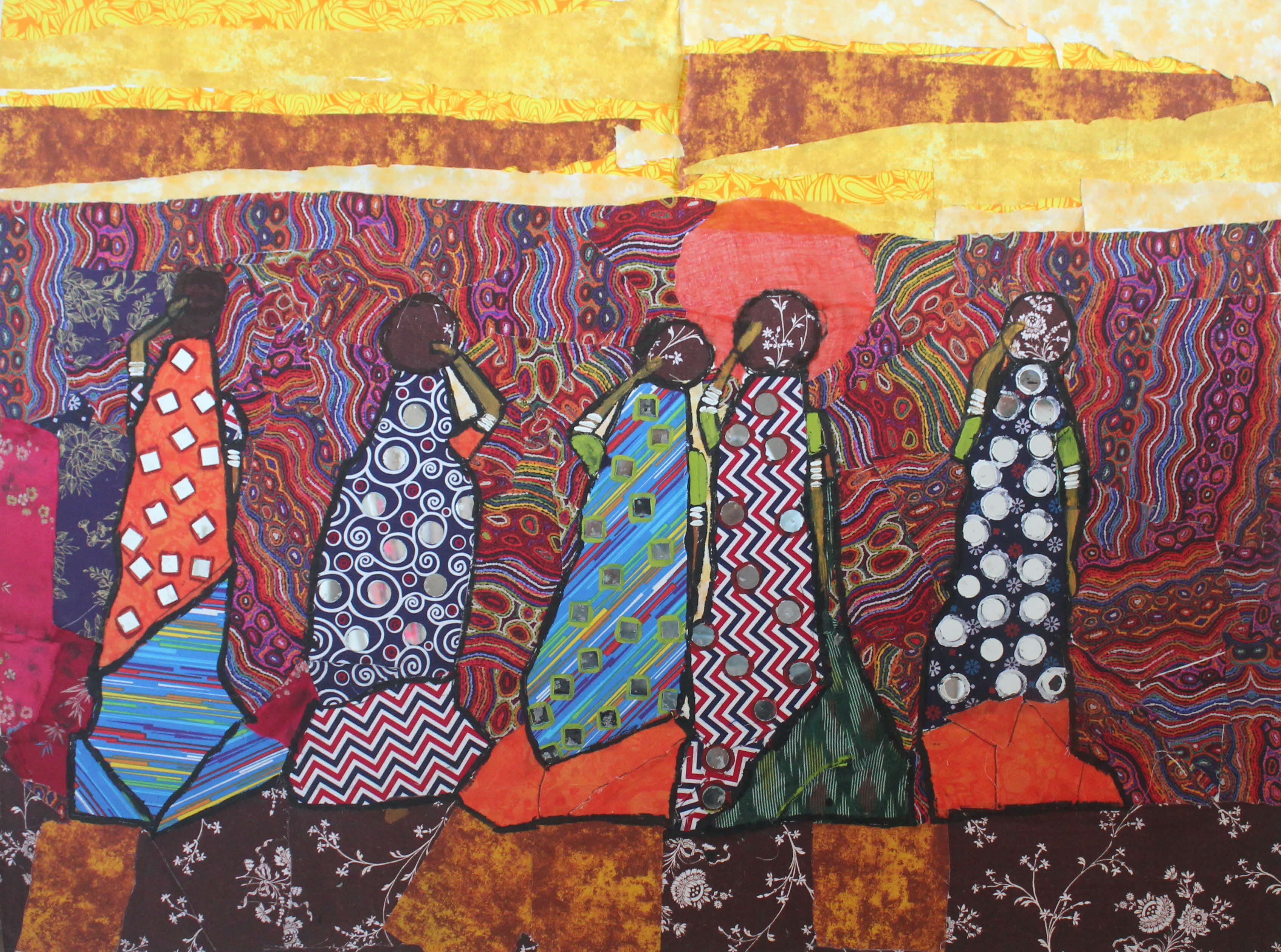 Women made from textile patterns carrying water