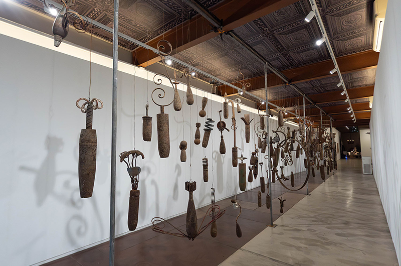 Installation shot of hanging sculptures